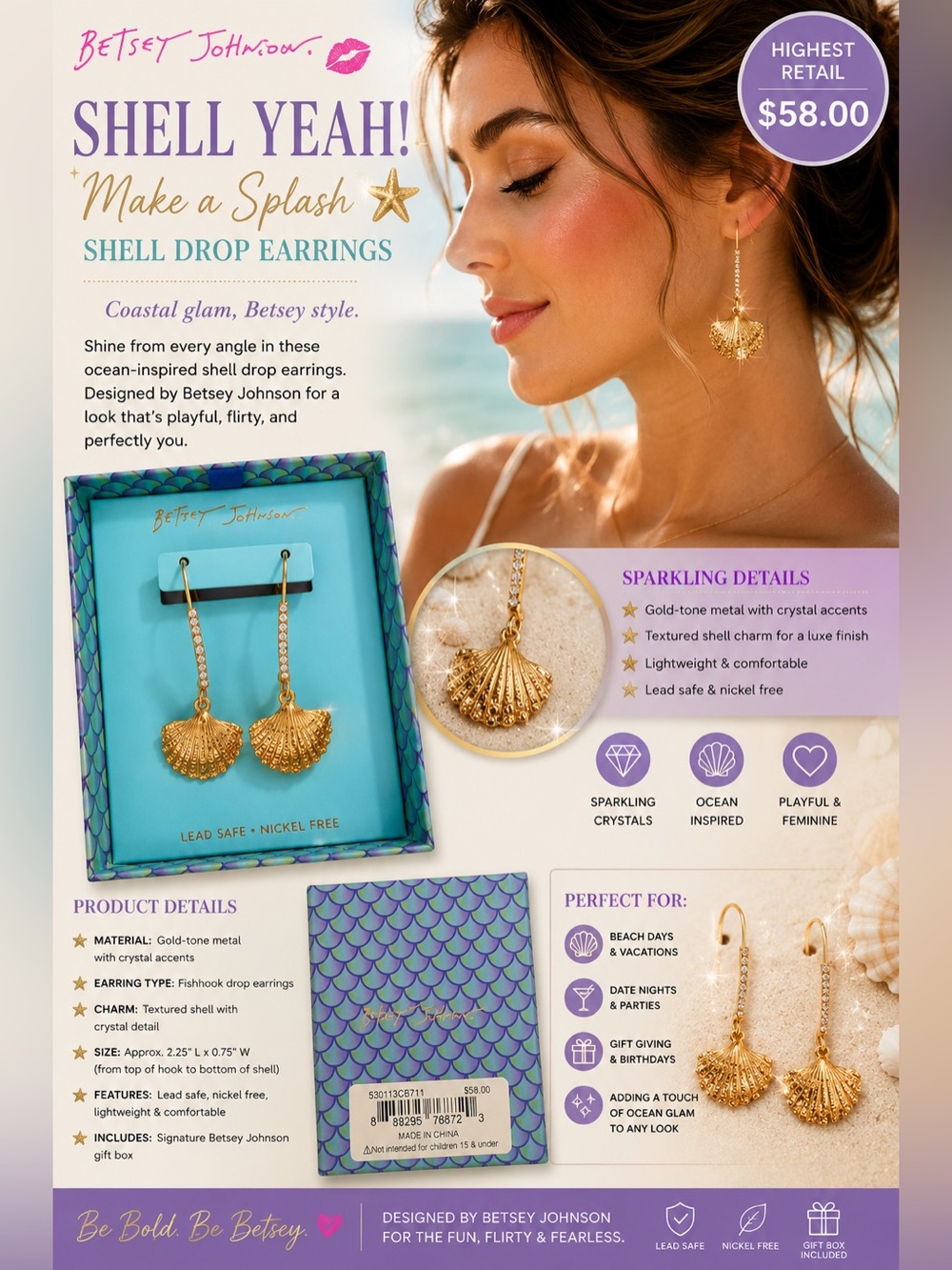 Betsey Johnson Gold Shell Drop Earrings with Crystal Accents NIB